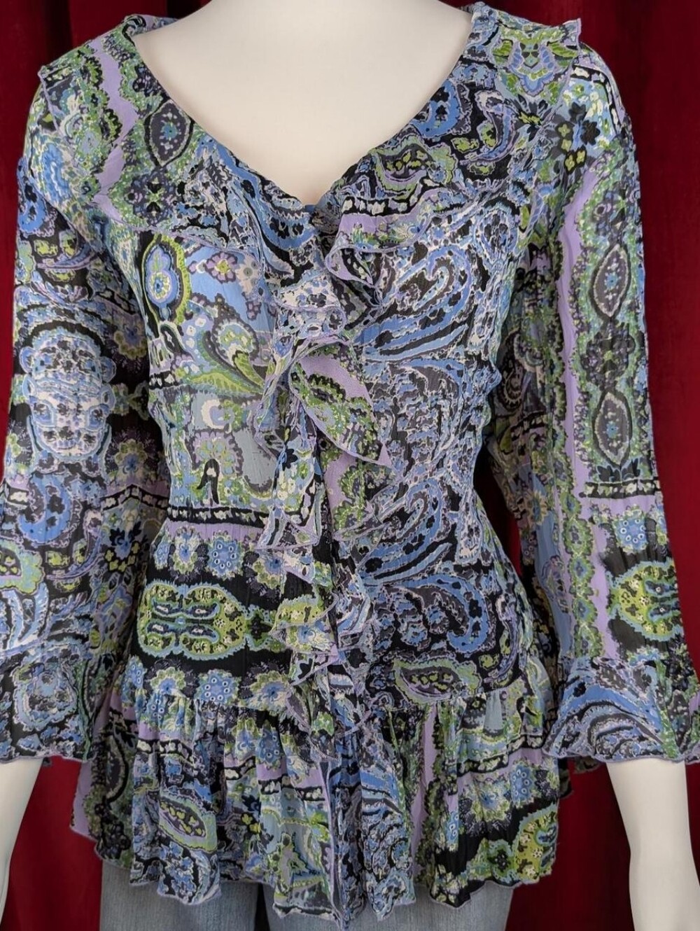 Dressbarn Blue, Green, & Purple Paisley Floral Sheer Ruffle Front Blouse